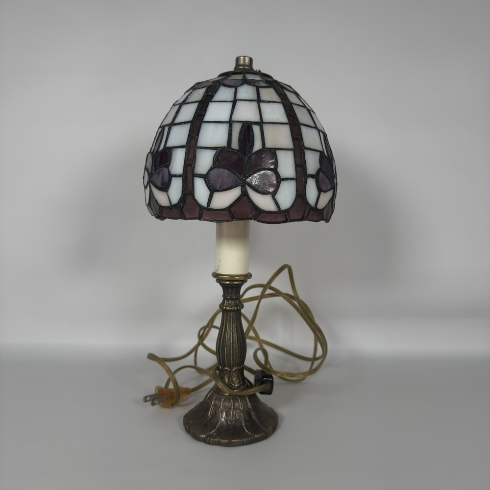 Vintage L&L WMC Tiffa-Mini Stained Glass Lamp Bronze Floral 9884 13in 1973